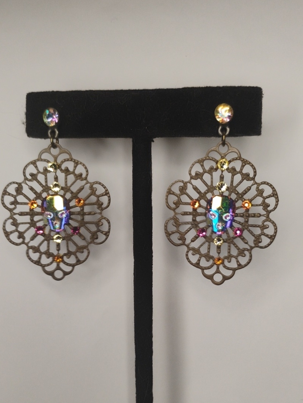 Gothic Victorian Antique Brass Swarovski Crystal Skull Chandelier Earrings